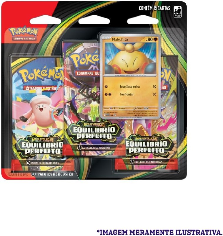 Pokémon TCG, Blister Triplo Pokémon Makuhita ME03 Equilíbrio Perfeito + Frete Grátis