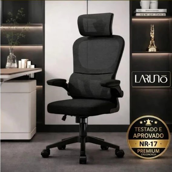 Cadeira Ergonômica Preta Giratória com Apoio Lombar e Braços Ajustáveis