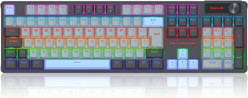 Teclado Mecânico Gamer Redragon Caesura Iluminação Rainbow Cinza Branco e Azul Switch Marrom com Roda de Volume