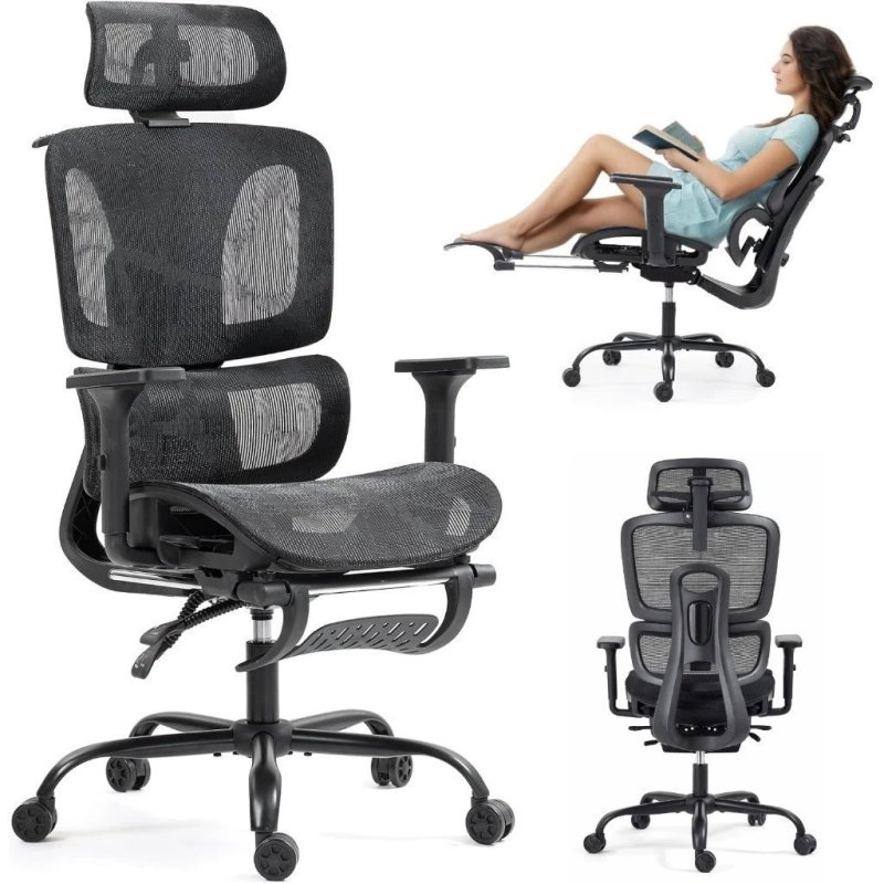 Cadeira De Escritório Ergonômica Mesh Com Apoio Para Pés Lombar 6D E Braços 3D Preta YESOP