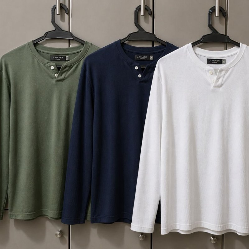 Kit 3 Camiseta Henley Masculina Slim 2 Botões