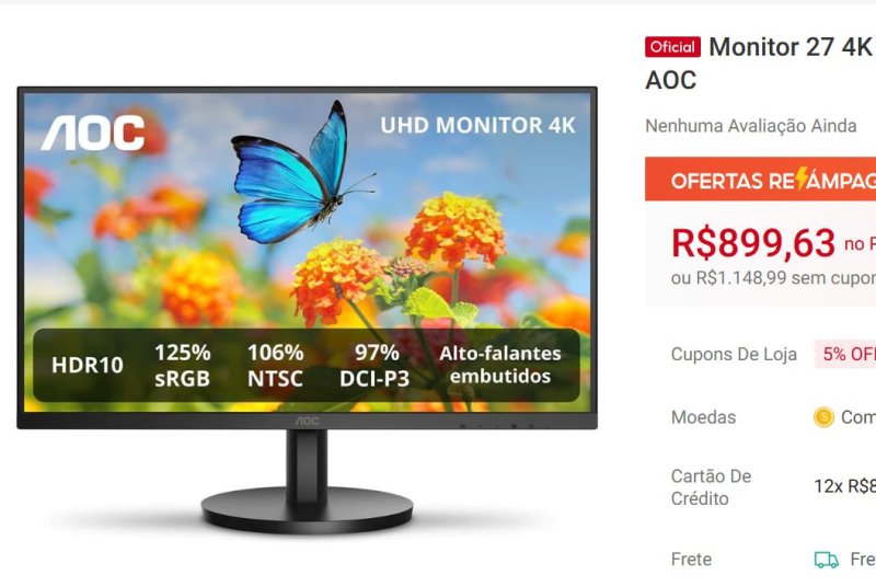 Monitor 27 4K IPS HDR10 Alto falantes Integrados Bivolt AOC