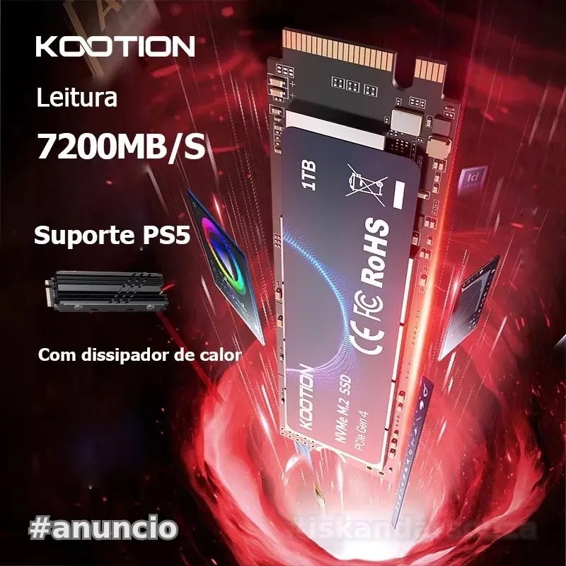 KOOTION M2 NVMe SSD 1TB Gen4 7200 MB/s PCIe4.0x4 M.2 NVMe SSD Drive com dissipador de calor Unidade de estado sólido interna para PS5 Laptop PC