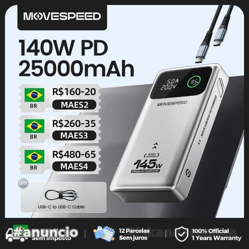 Power Bank Movespeed m25pro 140w Carregador Portátil 25000mah pd3.1 carga rápida