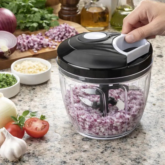 Triturador de Alimentos Manual 900ml com 5 Lâminas Inox – Picador de Cebola Alho Legumes e Temperos