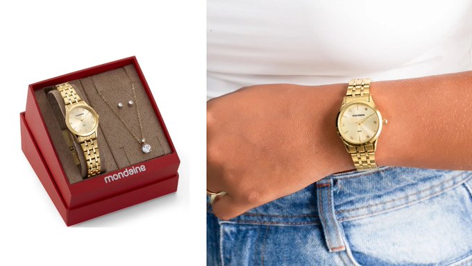 Kit Relógio Mondaine Feminino Dourado com Colar e Brincos + Frete Grátis