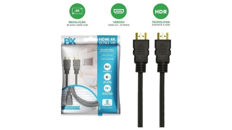 Pix Cabo Hdmi 2.0 4K Hdr 19P 2M Pix Gold, Preto