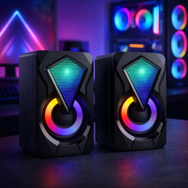 Caixinha de Som PC, Alto Falante Gamer Para Computador, Luzes RGB, Entrada P2 e USB, Ideal Para Setup Gamer