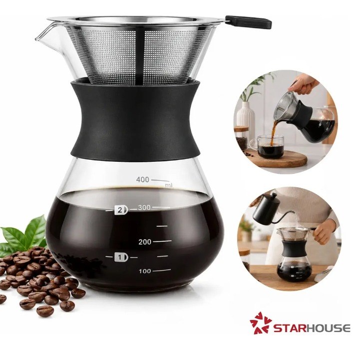 Kit Jarra Cafeteira Passador De Café Vidro Com Coador De Inox 400ml Star House