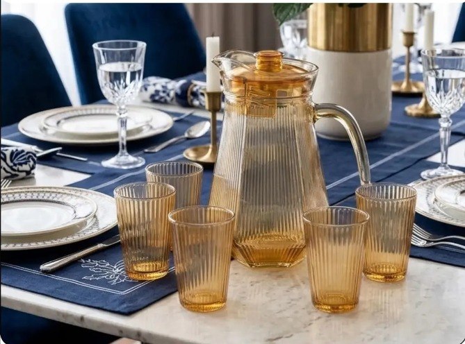Jarra Com 6 Copos Vidro 7 Peças Kit Suco Água Bebidas Dourado + Frete Grátis