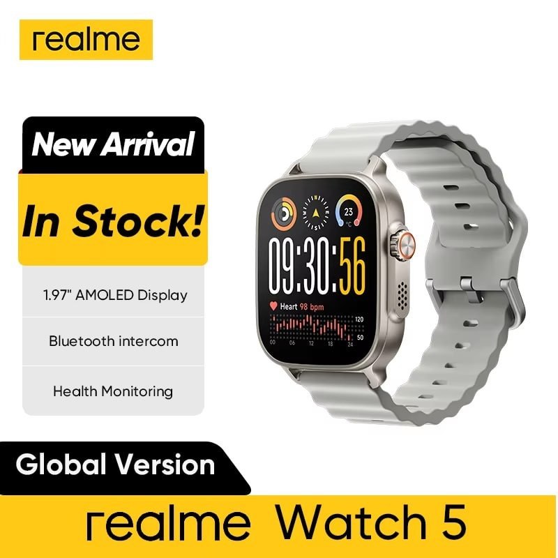Realme Watch 5 Global 1.97" AMOLED 600nits – GPS GNSS, Bateria 14 Dias, IP68 e +300 Mostradores Inteligentes