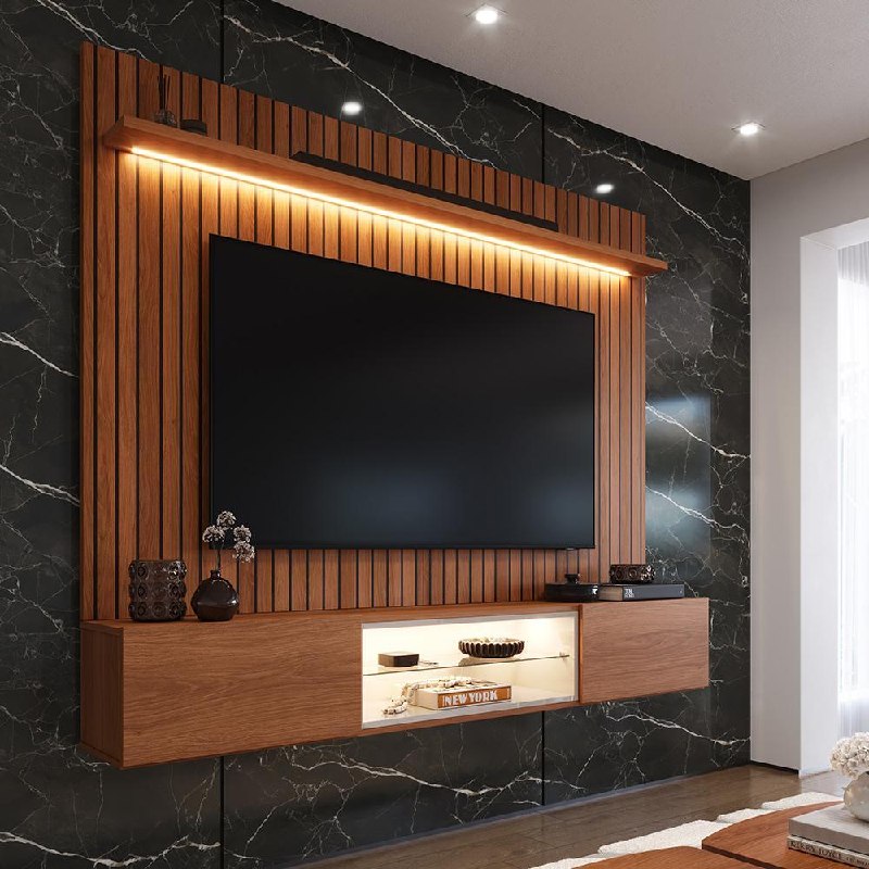 Painel com Rack Milano para TV até 70” com LED, Nicho Iluminado, Prateleira de Vidro e Portas Basculantes com Pistão Gás