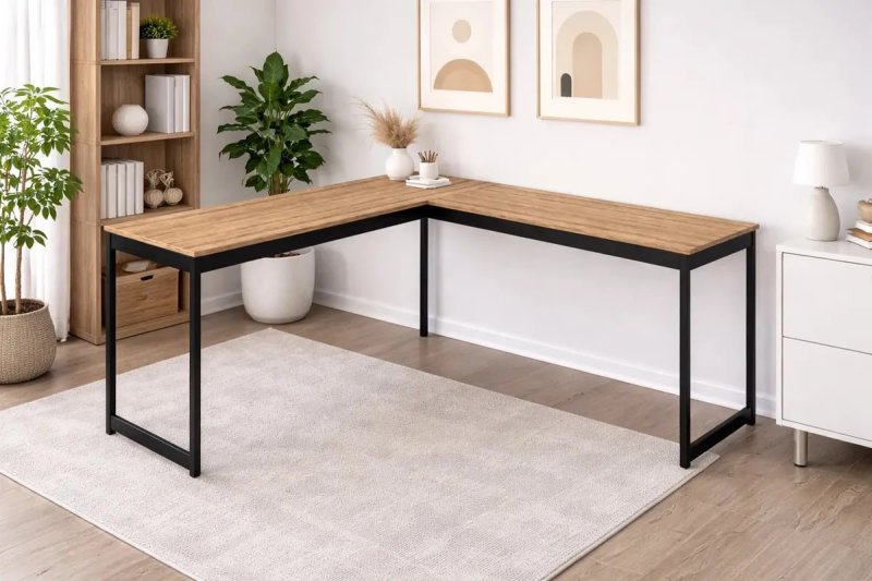 Escrivaninha Mesa Em L Industrial De Canto Nórdico Meslmagn 150x74x45 Vintage Ferro E Madeira Laminado Com Preto Sofa Sogude