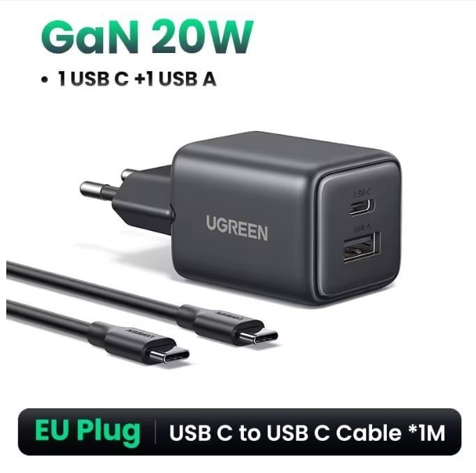 Carregador UGREEN 20W GaN PD3.0 QC3.0 Mini USB C + Cabo