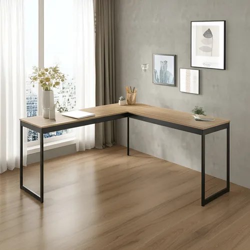 Mesa Em L Industrial Escrivaninha De Canto Nórdico Vintage Ferro E Madeira Laminado Com Preto E-led Meslmagn E-led Brasil 150x74x45