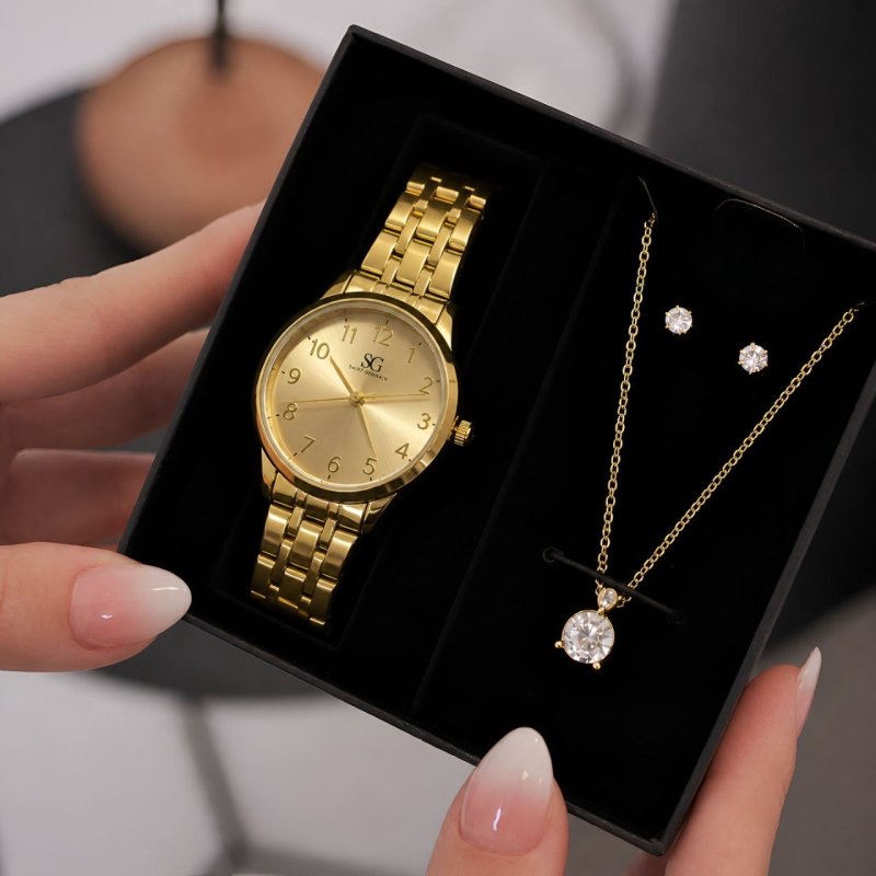 Kit Relógio Colar E Brincos Ponto De Luz Dourado Feminino Luxo Golden Saint Germain