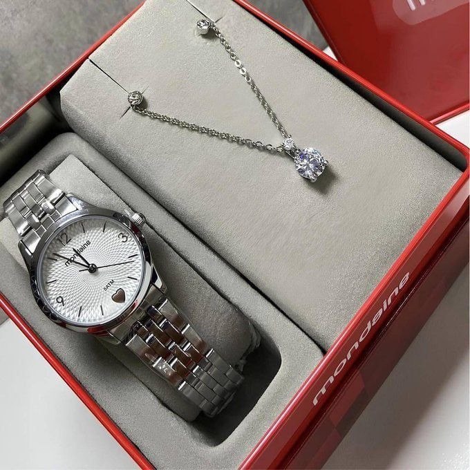 Kit Relógio Mondaine Feminino Prata Analógico Correia Prateado Bisel Preteado Fundo Branco