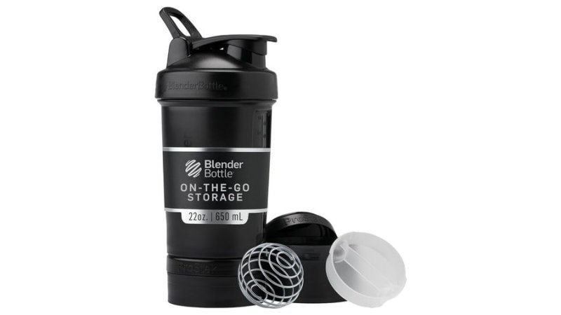 BlenderBottle Coqueteleira com organizador de comprimidos e armazenamento para proteína em pó, sistema ProStak, 623 g, Midnight Black
