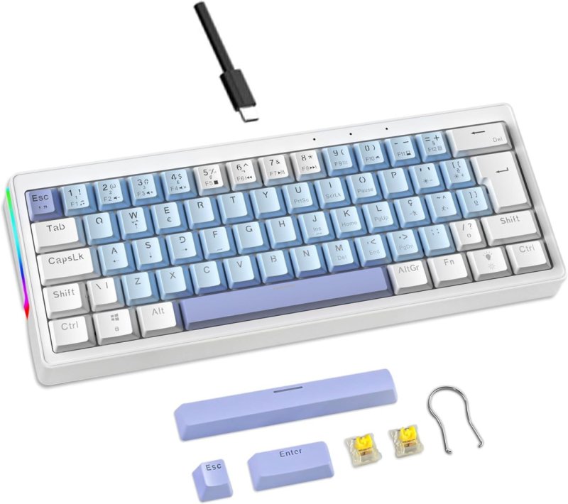 Mini Teclado Mecânico Formato 60% com Fio, Teclas Removíveis, Retroiluminação RGB