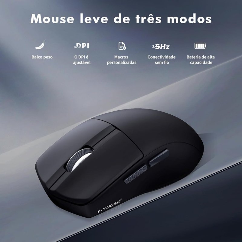 Mouse Sem Fio Gamer Leve, 2.4G, Bluetooth, USB-C, 10000 DPI, 4000Hz, Bateria 400mAh