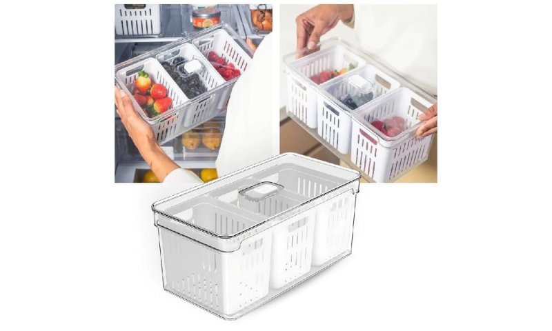 Organizador de Geladeira 5L com 3 Cestos Ou Natural Tampa Porta Frutas Legumes Vegetais Clear Fresh