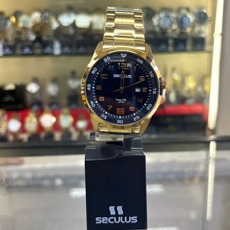 Relógio Masculino Seculus Analógico Dourado Aço Calendário