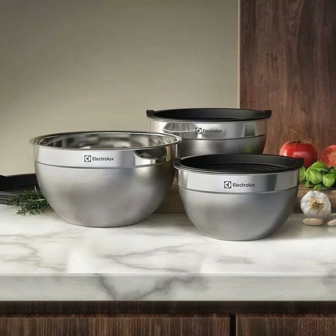Electrolux Kit Bowls Tigelas em Inox com Tampa Plástica 3 Unidades Utensílios Domésticos de Cozinha