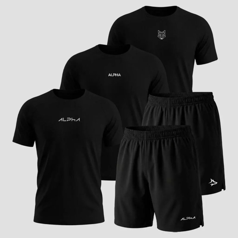 Kit 5 Peças All Black Dry 3 Camisetas e 2 Bermudas Alpha