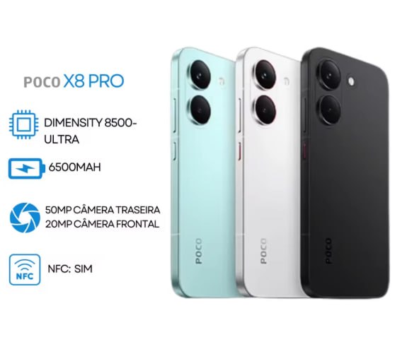 Poco X8 PRO 5G, 256/8GB, MediaTek Dimensity 8500-Ultra, bateria 6500mAh, versão global
