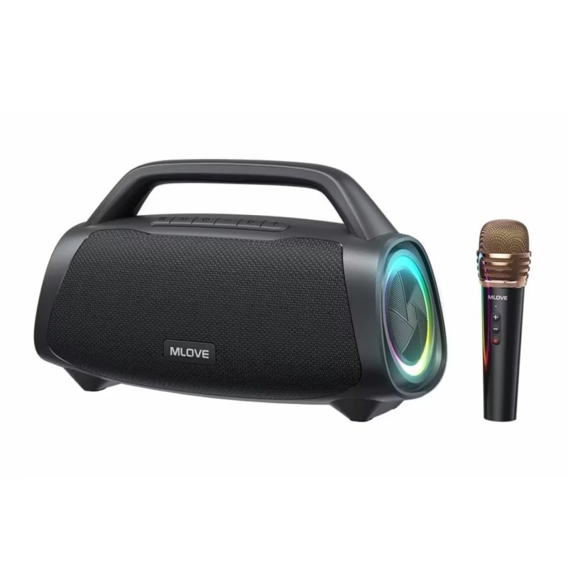 Caixa de Som Portátil MLOVE E10K 120W com Microfone – Som Potente, Graves Profundos e Luzes RGB para Uso Interno e Externo