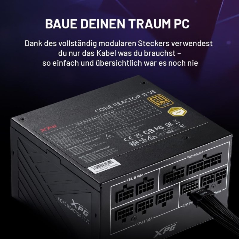 Fonte XPG Core Reactor II VE 850W Fonte de Alimentação ATX – Certificação Gold 80 PLUS e Cybenetics, totalmente modular
