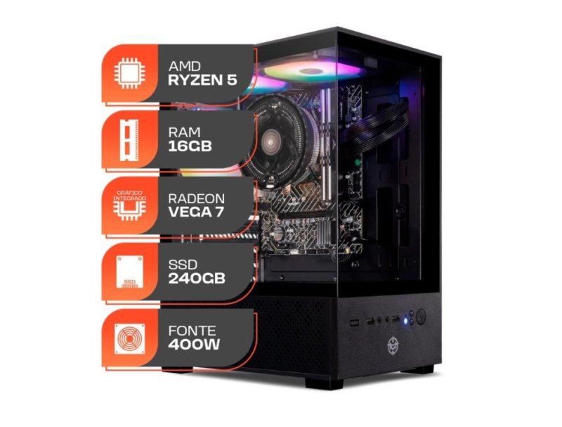 PC Gamer Forge, AMD Ryzen 5 5600GT, 16GB DDR4, SSD 240GB, Fonte 400W 80 Plus