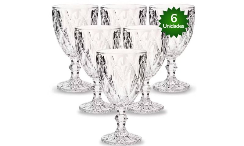 Jogo 6 Taças de Cristal 340ml Diamond Transparente Lapidado Vitrex