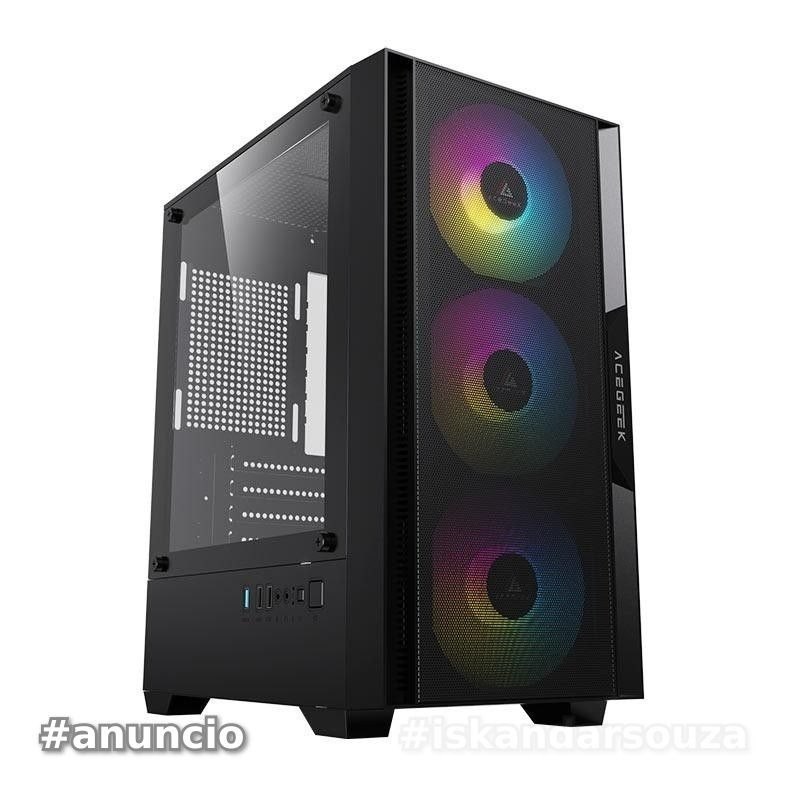 Gabinete Gamer Acegeek Stratus Mesh, Rainbow, Mid-Tower, Com 3 Fans, Preto, AG-STRATUS-MESH-BK-I3F