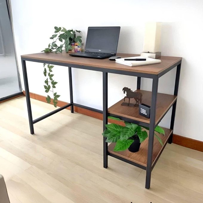 Mesa Escrivaninha Mesa Office Estudo Estilo Industrial Cor Preto Imbuia 1,10m KLM