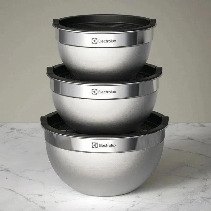 Electrolux Kit Bowls Tigelas em Inox com Tampa Plástica 3 Unidades Utensílios Domésticos de Cozinha