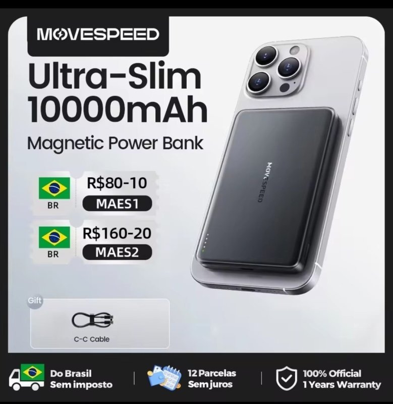 Movespeed S10 Banco de Potência Magnético Fino 10000mAh PD20W Carregador Portátil