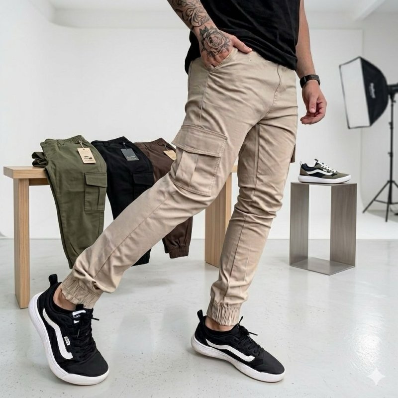 Calça Jogger Cargo Masculina Sarja Calça Streetwear Punho