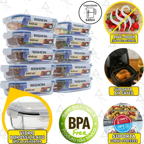Kit 10 Pote de Vidro Marmita Hermético 640ml Freezer Fitness Rishon