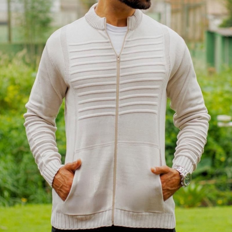 Blusa De Frio Suéter Lã Tricot Com Bolso E Zíper