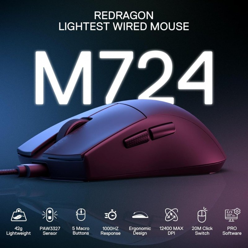 Mouse Gamer Redragon K1ng 1K Preto PAW3327 Cabo USB Tipo-C Removível 12400 DPI M724