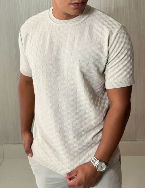 Camiseta Masculina Manga Curta Xadrez Tricô Leve Elegante