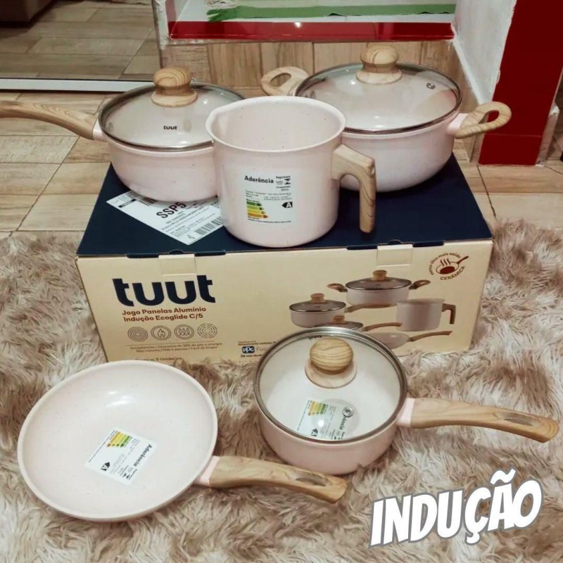 Jogo De Panelas Ceramico Triplo Indução Tuut Ecoglid 5 Peças Cor Baunilha
