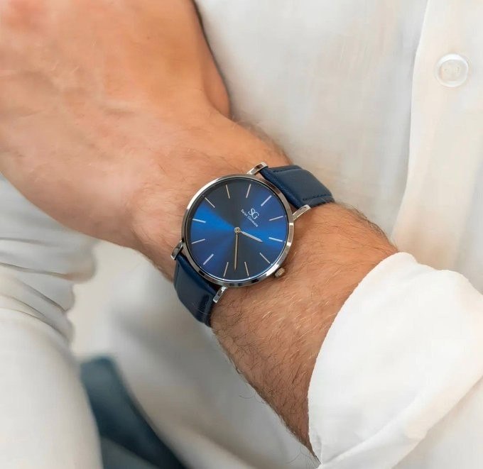 Relógio Saint Germain Prateado Azul Pulseira De Couro Riverdale 40mm