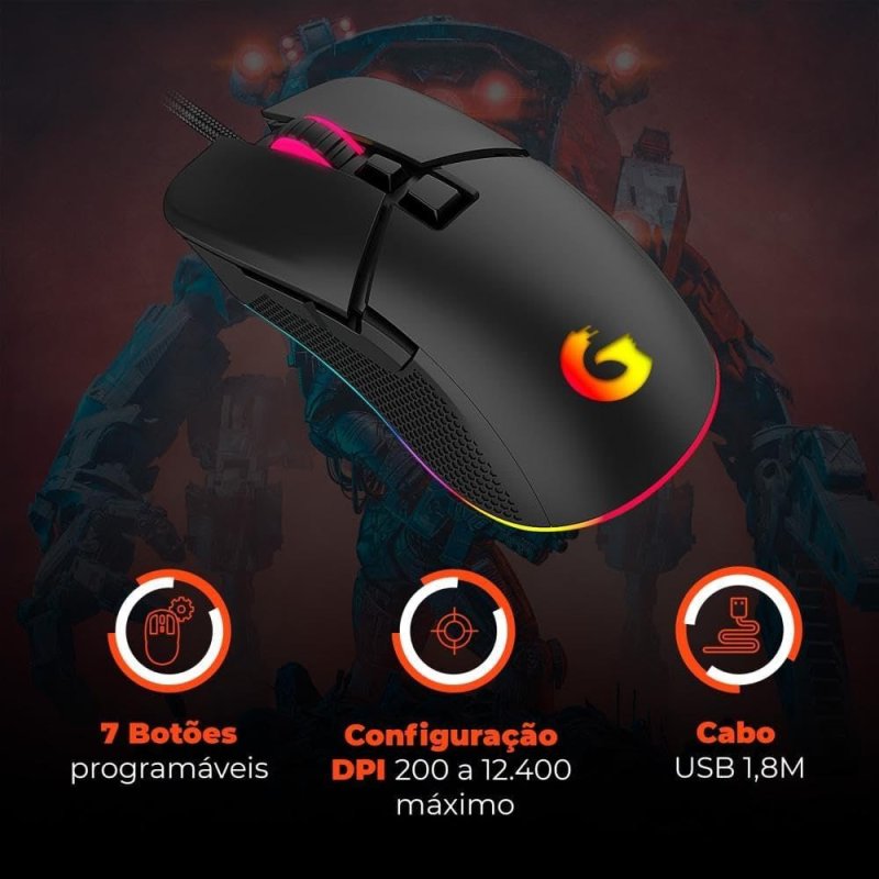Geonav Mouse Gamer Ghost Light GOOD GAME, 7 Botões, Sensor Óptico Pixar 3327