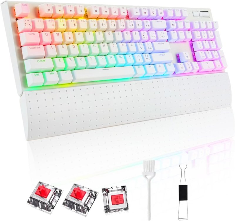 Teclado Mecânico com Iluminação LED RGB, Layout ANBT 2, Apoio de Pulso Magnético Removível