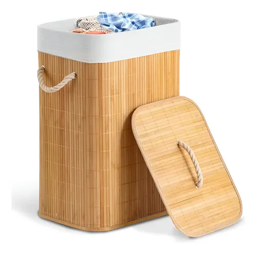 Cesto de Roupa Bege 70L Dobrável Bambu com Tampa Casa Uno