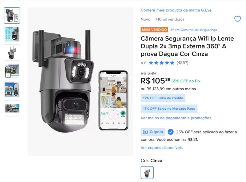 Câmera Segurança Wifi Ip Lente Dupla 2x 3mp Externa 360° A prova Dágua Cor Cinza