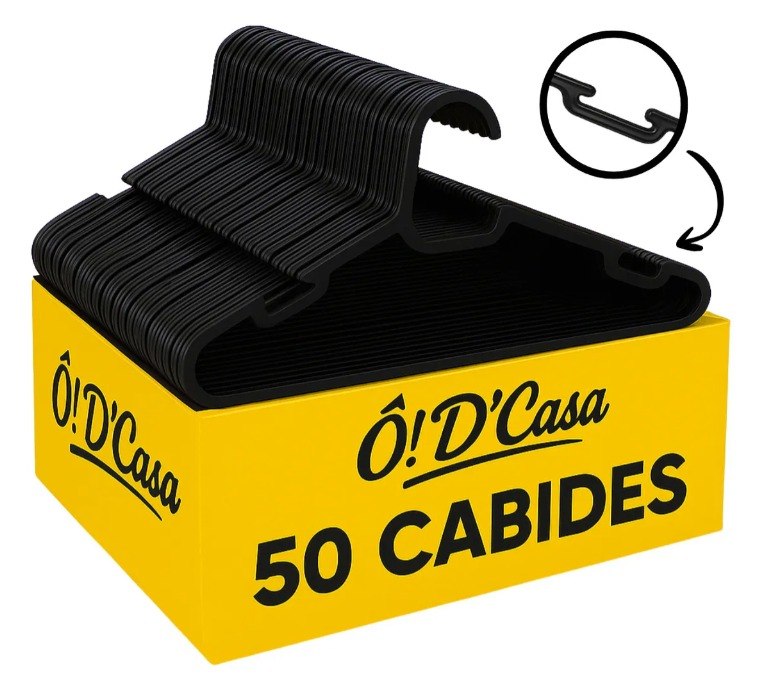 Kit 50 Cabides de Plástico Preto para Roupa Adulto Reforçado + Frate Grátis