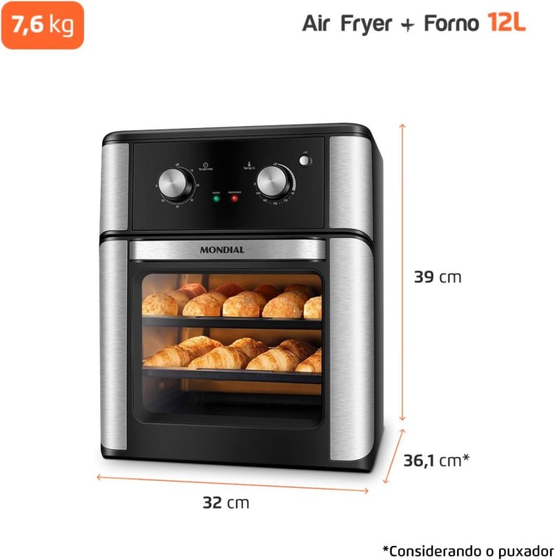 MONDIAL Fritadeira Air Fryer Forno Oven Analógica 12L, Preto, 2000W, 110V - AFON-12L-AB